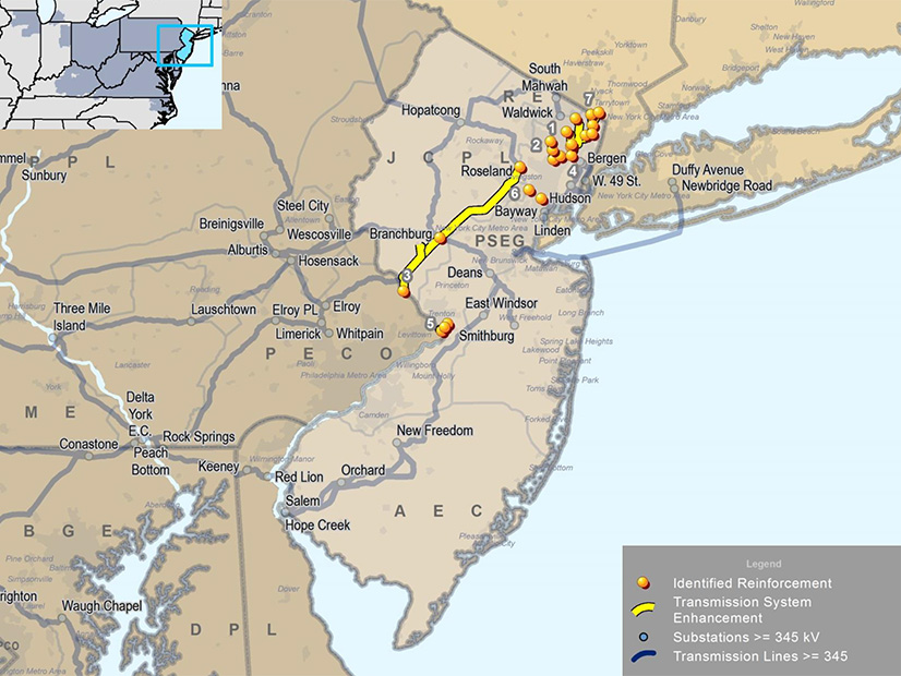 A PJM map shows projects selected for inclusion in the 2018 Regional Transmission Expansion Plan within New Jersey.