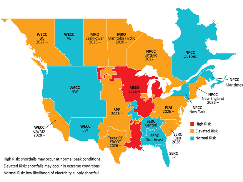 NERC's risk area summary for 2025-2029 shows large parts of the North American grid at high or elevated risk of energy shortfalls in the next five years.