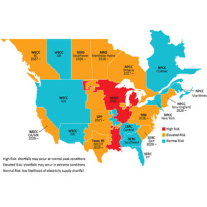 NERC's risk area summary for 2025-2029 shows large parts of the North American grid at high or elevated risk of energy shortfalls in the next five years.