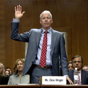 Chris Wright, nominee for energy secretary, is sworn in at his confirmation hearing before the Senate Energy and Natural Resources Committee on Jan. 15.