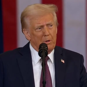 President Donald Trump delivers his second inaugural address in the Capitol rotunda on Jan. 20.