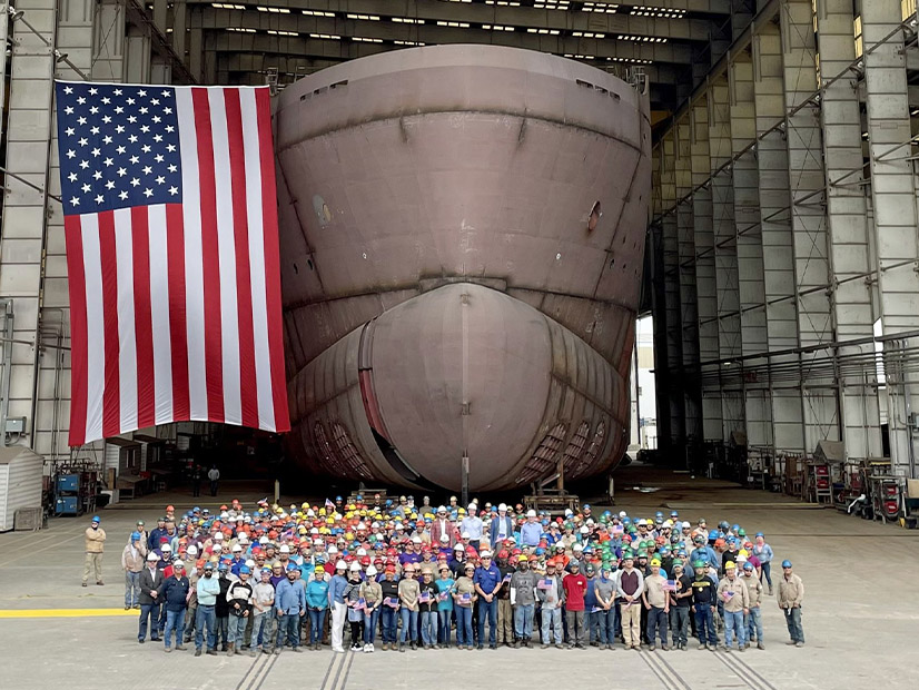 Roughly 600 people worked at the Edison Chouest shipyard in Houma, La., to complete the ECO Edison, the first U.S.-built wind farm service operations vessel, shown here in progress in April 2023.