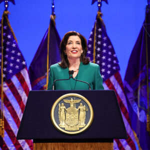 Gov. Kathy Hochul (D) delivers her 2025 State of the State Address on Jan. 14 in Albany, N.Y.