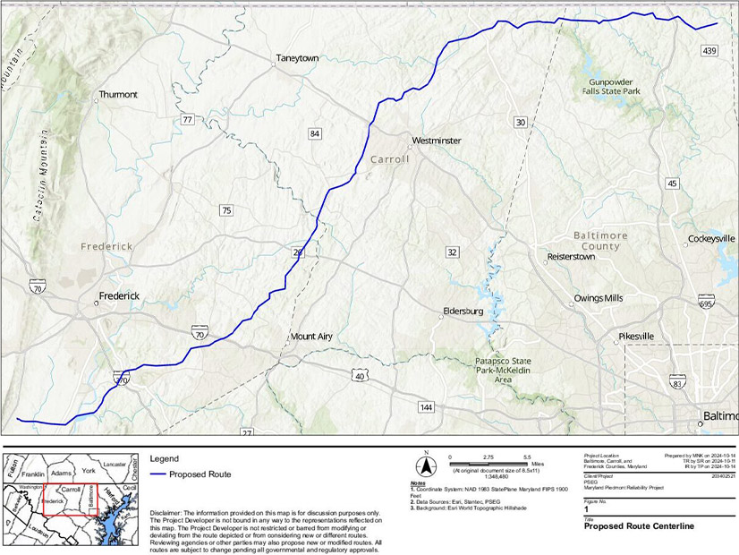 The proposed Maryland Piedmont Reliability Project would run 67 miles from northern Baltimore County, across Carroll County and end at a substation in Frederick County, near the Pennsylvania border.