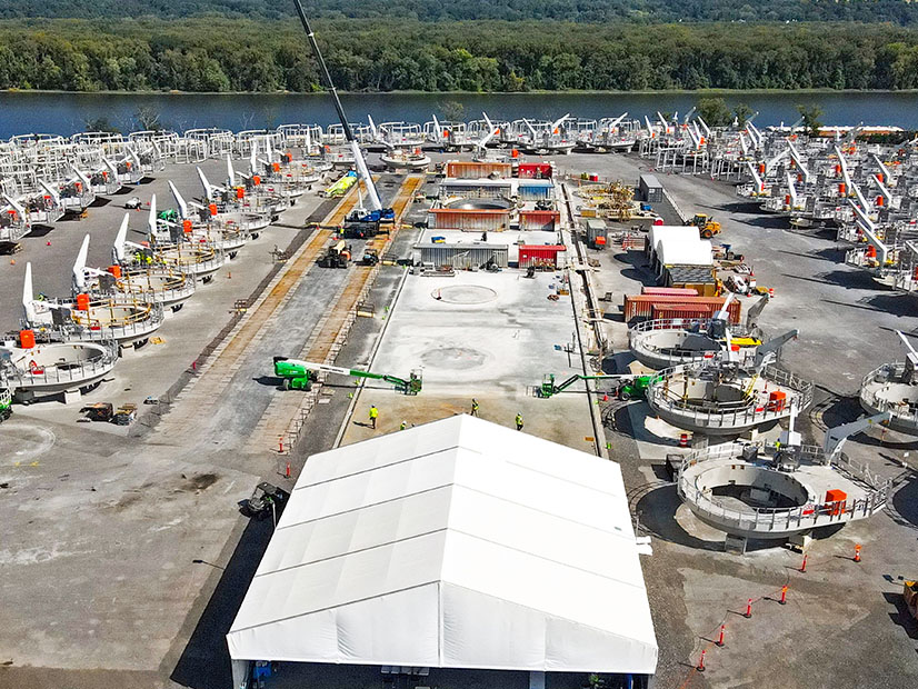 Foundation components for the Sunrise Wind project are shown in 2024 in Coeymans, N.Y. Developer Ørsted said further delays are likely with the offshore wind project.