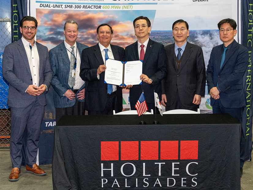 Holtec and Hyundai executives announce an initiative to develop small modular reactors at Holtec’s Palisades Nuclear Plant in Covert, Mich., on Feb. 25