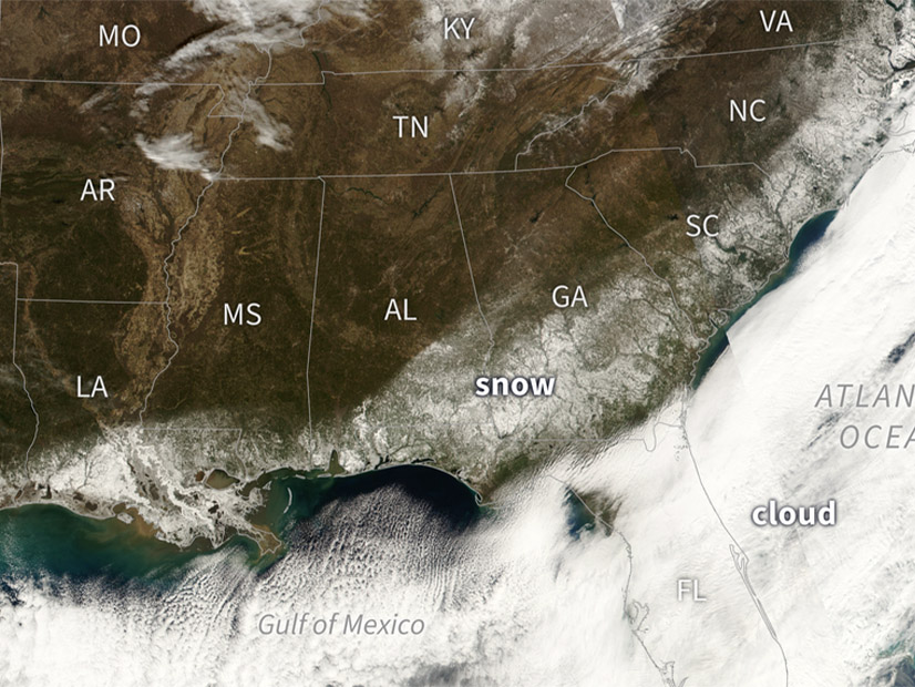 A satellite image taken on Jan. 22, 2025, shows an arc of snow across the Gulf and Atlantic coasts in the Southeastern U.S.