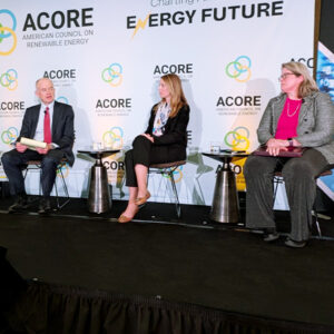 Talking Loper Bright at the ACORE Policy Forum on Feb. 27 were (from left) Cary Coglianese, University of Pennsylvania; David Hill, Bipartisan Policy Center; Jayni Hein (moderator), Covington & Burling LLP, and Ana Unruh Cohen, House Natural Resources Committee.